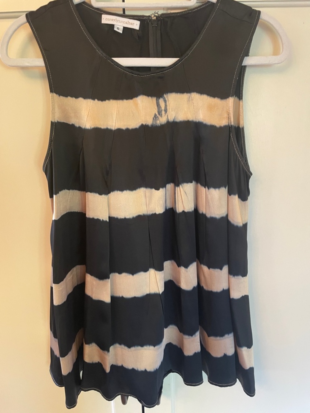 Corey Lynn Calter Black and Cream Tie-Dye Stripe and Pleated Silk Top, Size 6
